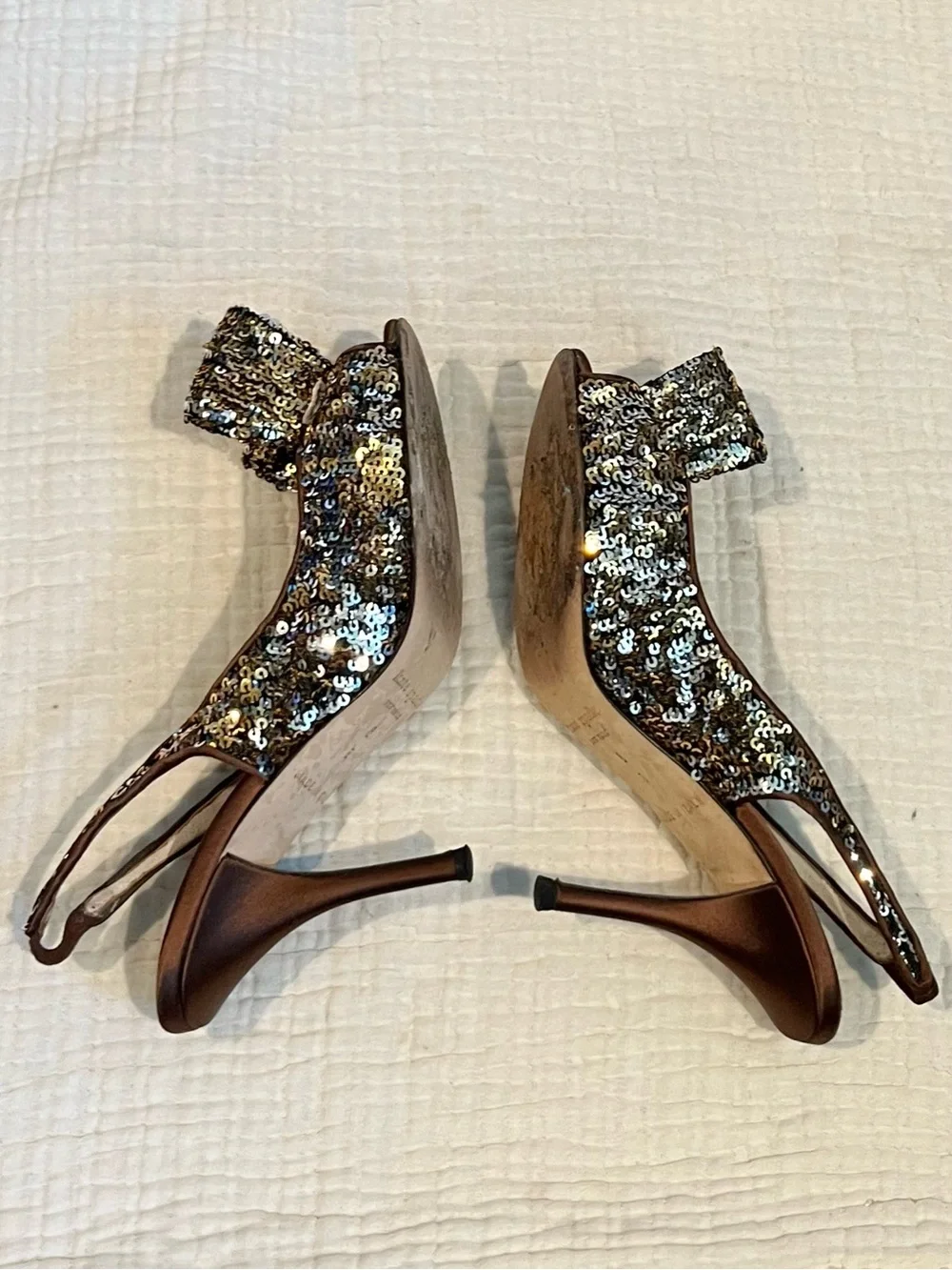Kate Spade New York Gold Brown Sequin Bow Carly High Heels Open Toe Shoes 6